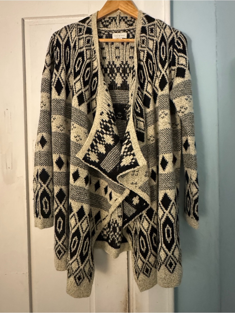 Lucky Brand Black & Cream Open-Front Aztec Knit Cardigan
